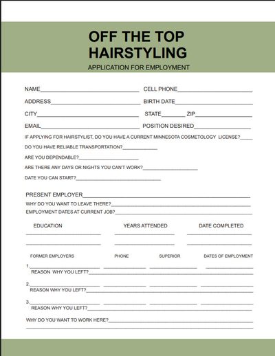 The Off The Top Hairstyling employment application